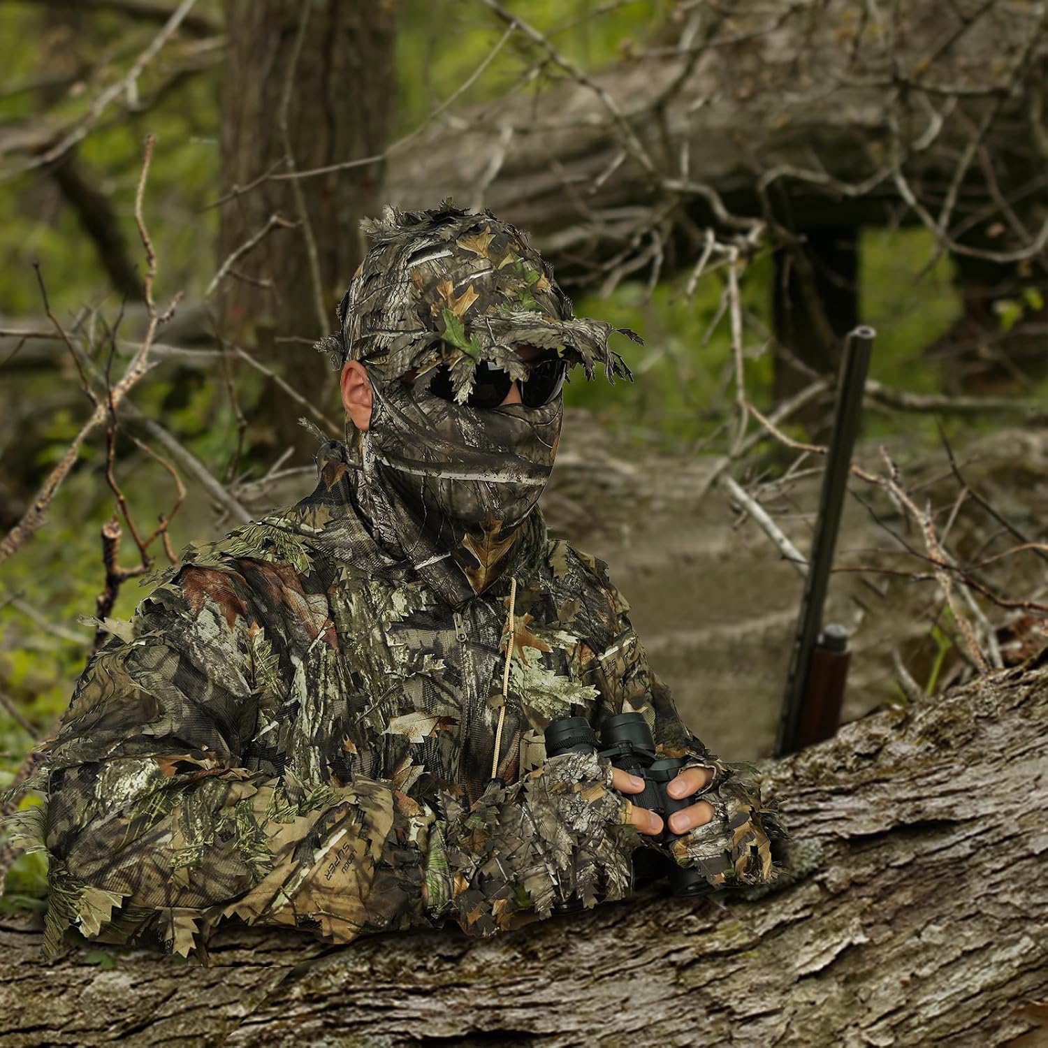 Leafy camouflage used in an outdoor field-sport scenario