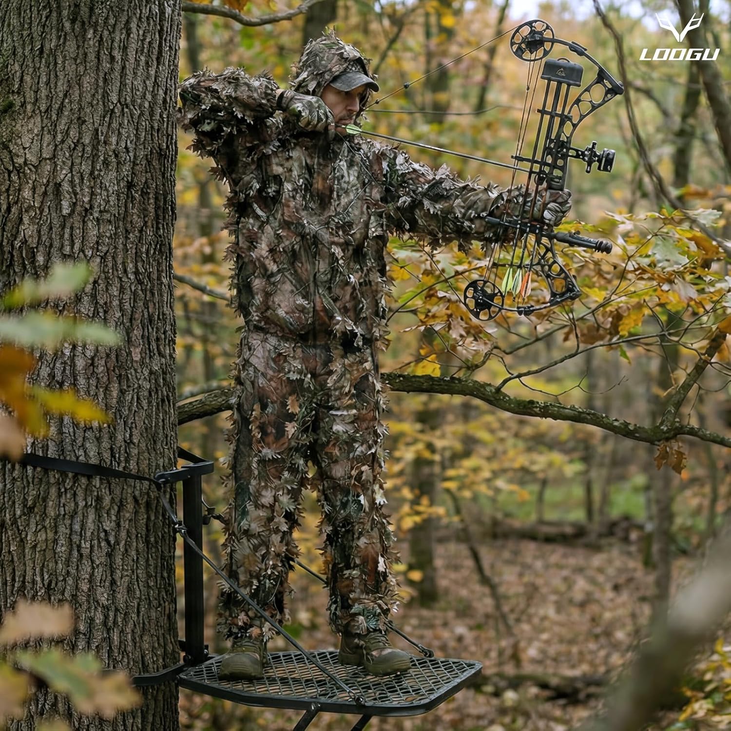 Hunter wearing leafy camouflage while bow hunting